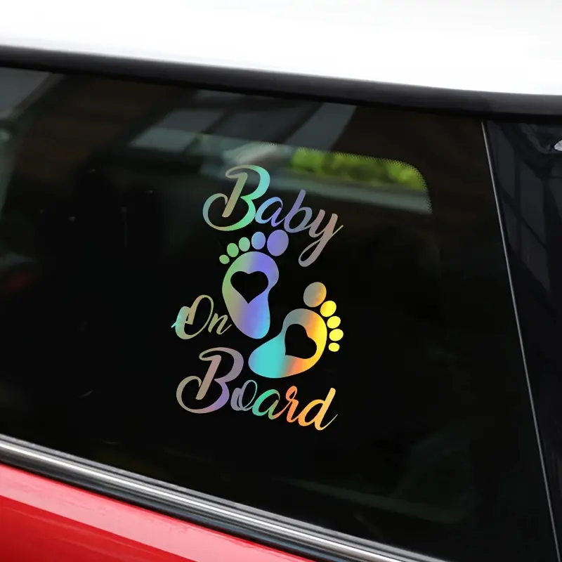 Baby On Board Reflective Car Stickers Cute Car Accessories - Cute Blue, Green, Yellow, and Orange Cartoon Footprints - PVC Tape, Self Adhesive, Shining Surface - Perfect for Plastic, Glass, and Metal Surfaces, Cars, Universal Car Sticker Sticker Decals