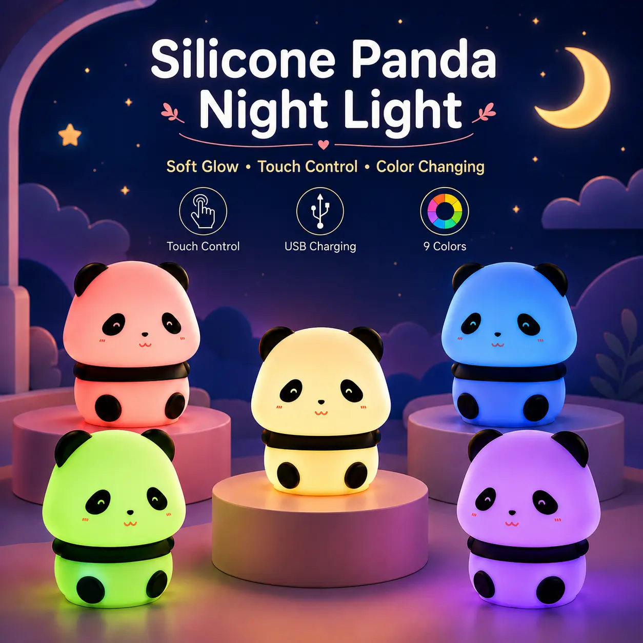 Silicone Panda Night Light - Soft Glow Touch Control Color Changing USB Charging 9 Colors for Kids Room Decor