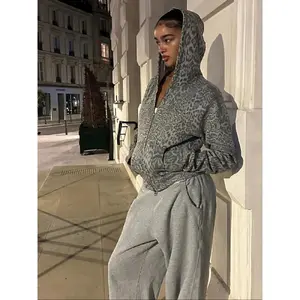 [new]Women's High Street Y2K Kangaroo Pocket Hoodie, Leopard Print Long Sleeve Jacket, Slim Fit Street Style for Spring & Fall