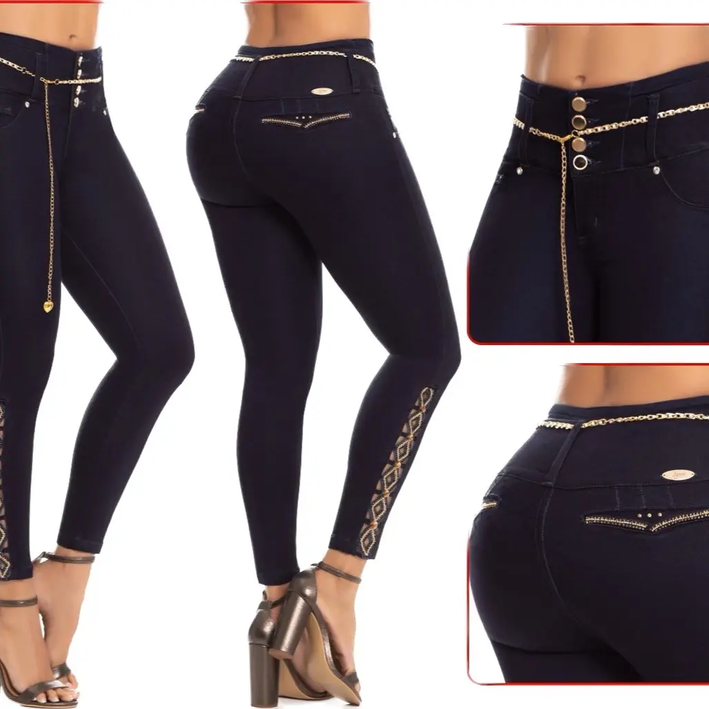 Dark Blue Colombian Jeans with Push-Up and Chain Belt - Womenswear