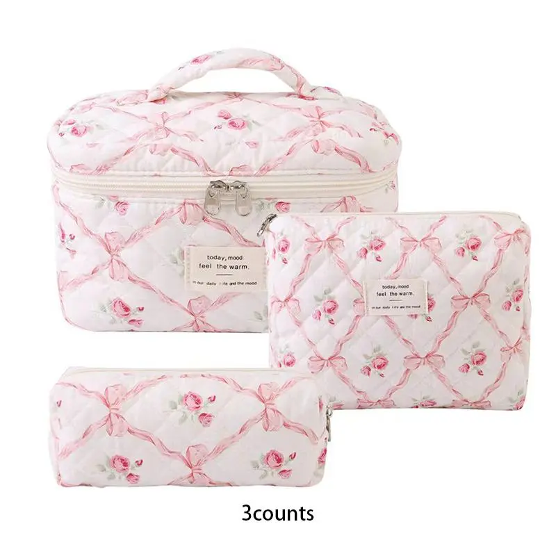 Floral Pattern Makeup Bag Set, 3 Counts/set Large Capacity Cosmetic Storage Bag & Makeup Brush Bag, Portable Travel Toiletry Bag
