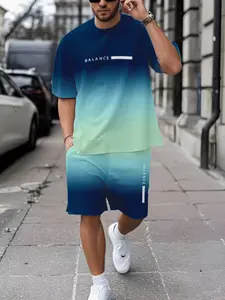Men's Breathable Outdoor Casual Sportswear Set, Modern Athleisure Street Fit Workout Sportswear, Breathable Activewear, All-Over Printed Fitted Short Pants & Sporty Round Neck Tee, Ideal for Daily Wear