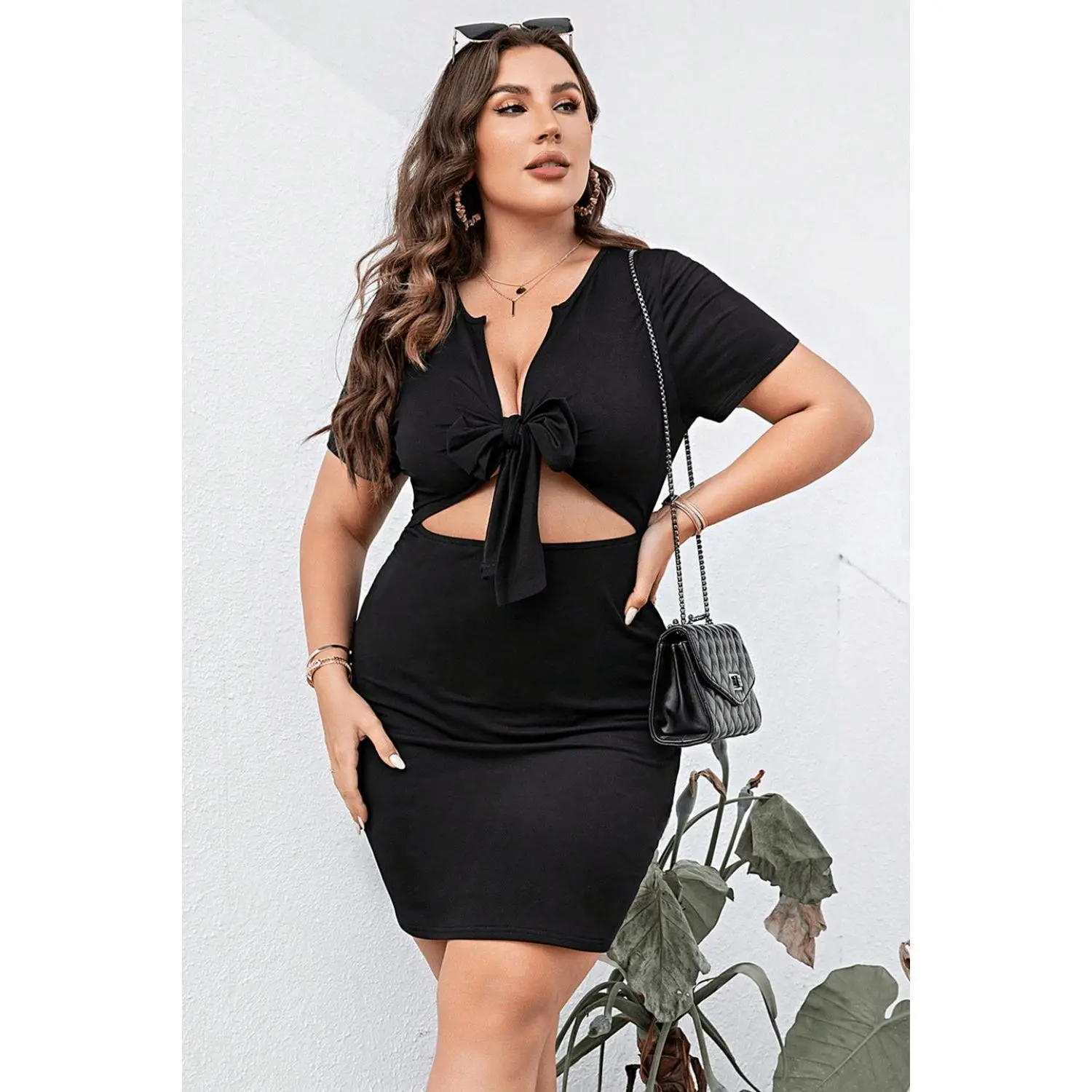 Plus Size Cutout Tie Front Short Sleeve Mini Dress