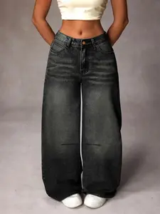 Women's Denim Jeans, Water Wash Wide Leg Casual Pants, Plus Size Fashionable Slimming Design, Versatile & Stylish