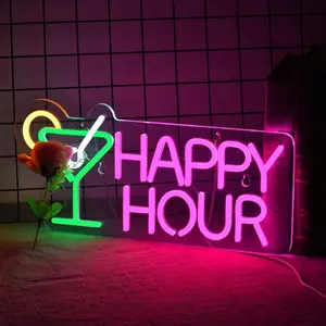 Serbasic Happy Hour Day Neon Sign Neon Light Dimmable with ON/OFF Switch for Wall Decor Living Room Hotel Bar Club Beach Cafe Wedding Birthday Party Gifts Gaming Room Artwork Bedroom Home Decor Modern