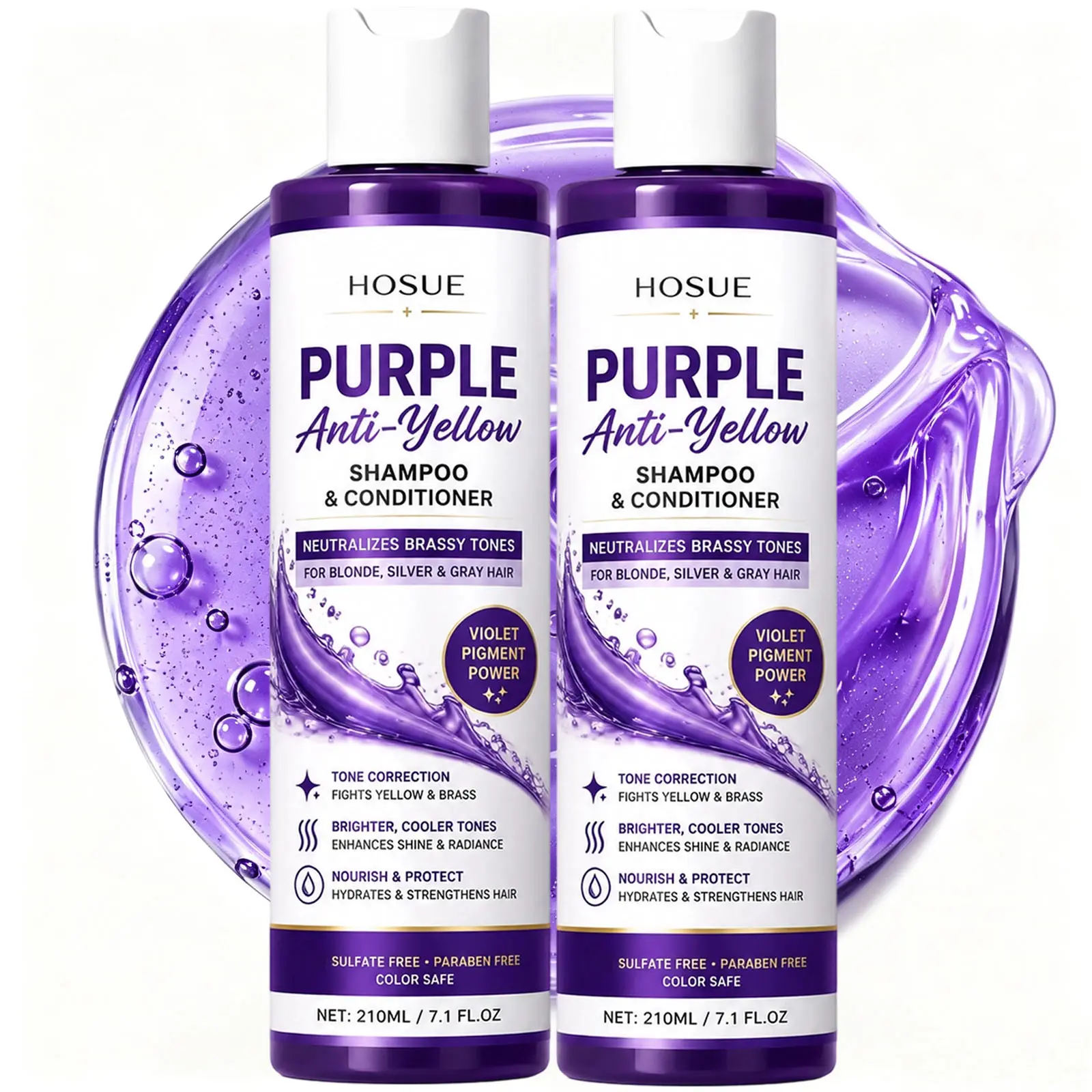 HOSUE 2pcs Anti-Yellowing Purple Shampoo, Neutralizes Brassiness, Conditions Broken Hair, 8 Seconds of Strong Color Retention, Converts Brassiness to Ash/Silvery Gray/Silvery