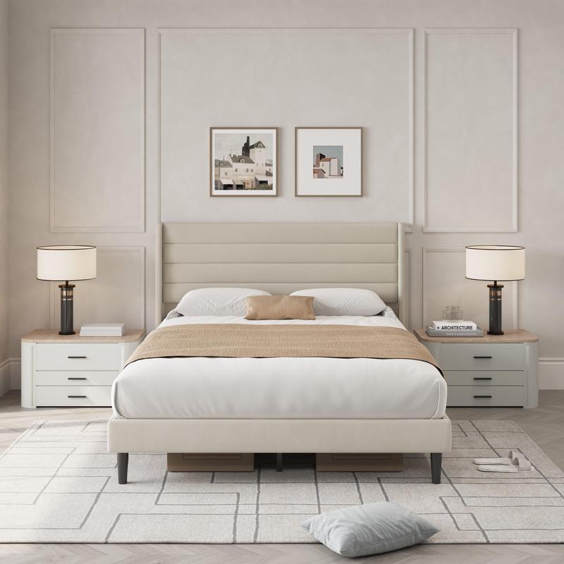 Queen Bed Frame with Modern Wingback Headboard Velvet Platform Solid Wood Slats No Box Spring Required Easy Assembly Light Beige