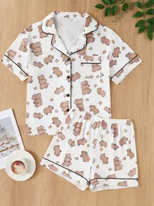 Cute Capybara Watermark Homewear Set, Short Sleeve Button Shirt and Elastic Waist Shorts, All Season Comfortable Fit Pajama Loungewear Nightwear for Women
