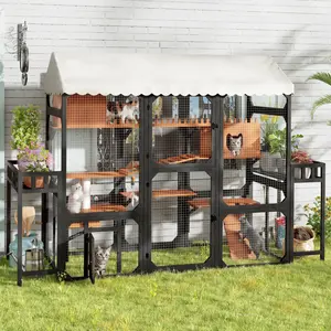 [Bellemave]Large Outdoor Cat Enclosure Wooden Catio with 2 Plant Stands, Multi-Level Cat Playpen with Weather-Resistant Roof, Resting Box, Climbing Ramps & Wire Mesh for Backyard Patio, Black