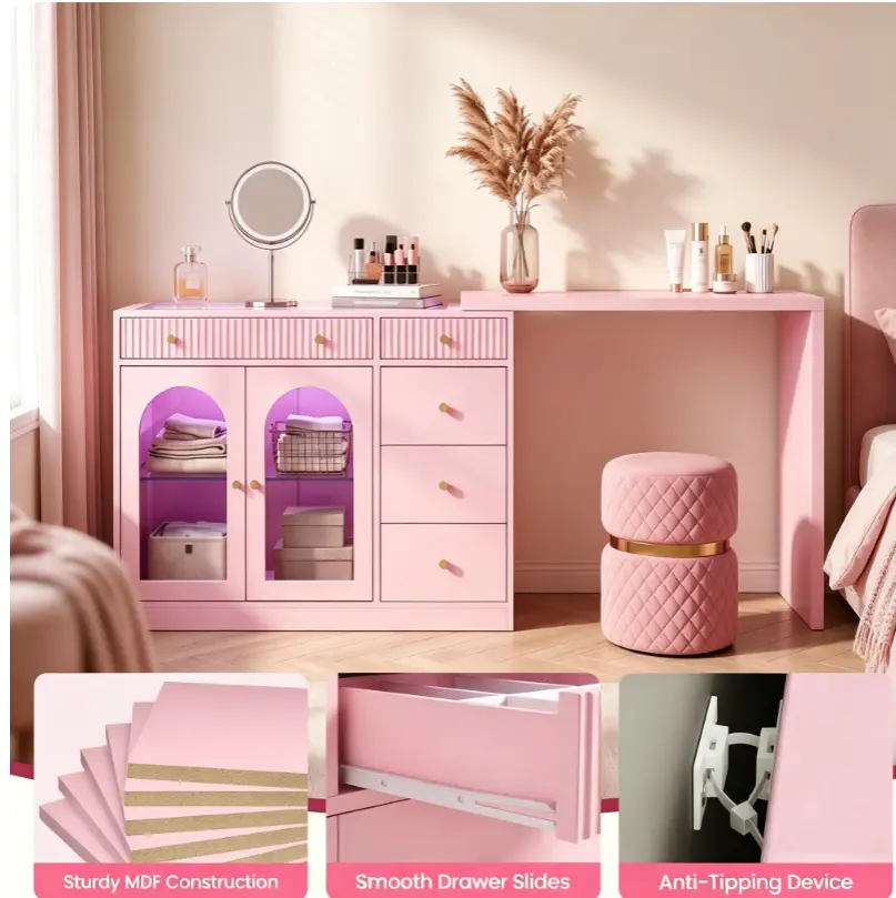 Vanity Desk with LED Lighted Mirror, Makeup Vanity Table with 3‑Color Dimmable Lights, Drawers & Storage Shelves, Dressing Table for Women Girls, Bedroom Makeup Furniture