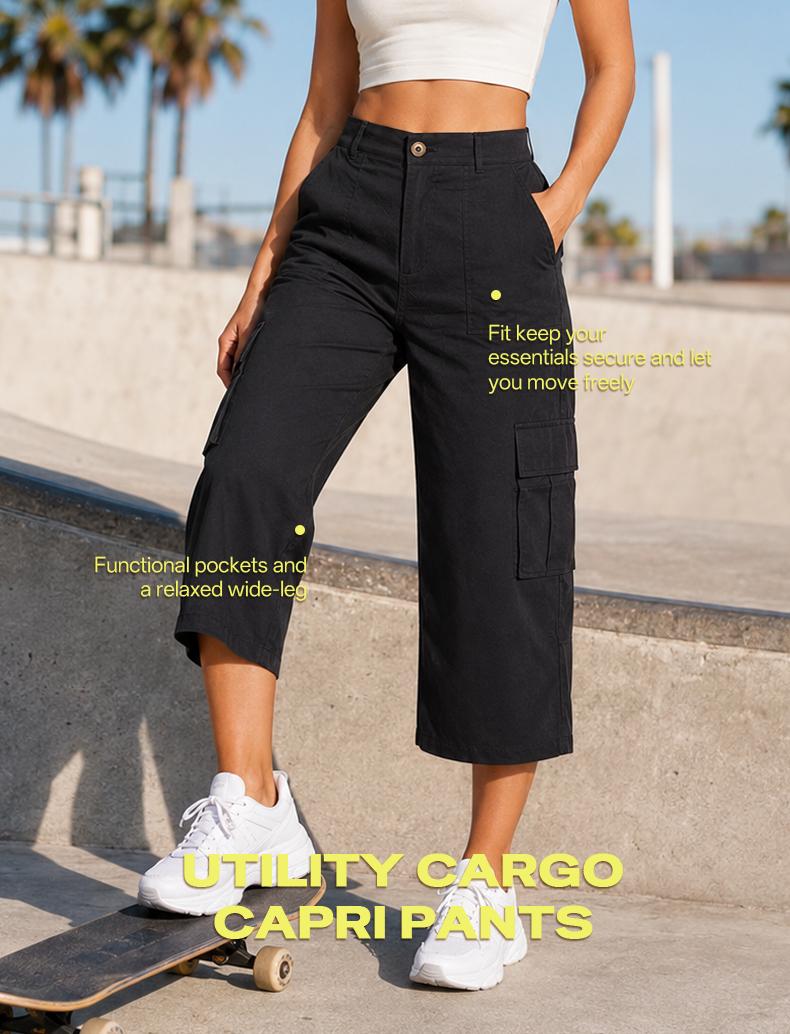 JOJOANS Women's Quick Dry Cargo Capri Pants with 6 Pockets, Lightweight Hiking Pants for Women, Elastic Waist Drawstring Outdoor Travel Capris, Breathable Casual Summer Pants for Camping, Walking, Vacation, Beach, Everyday Wear