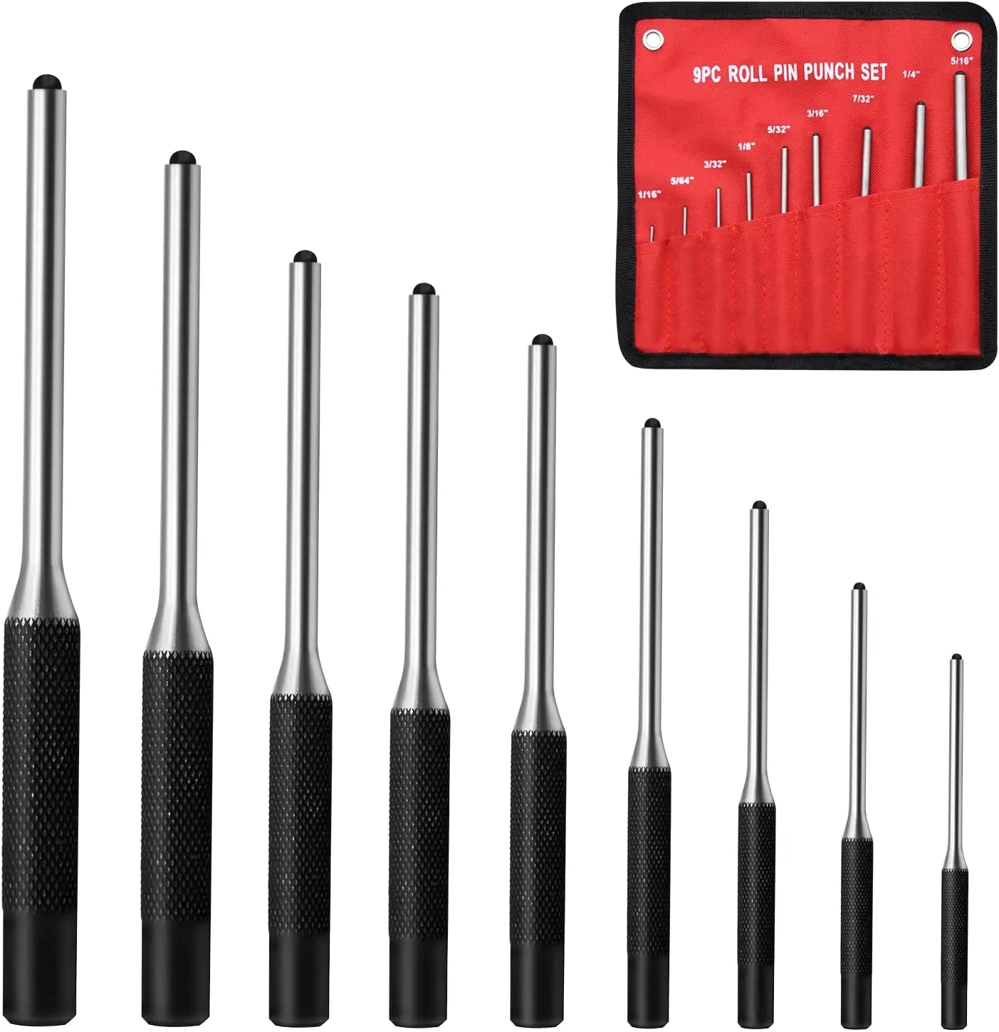 9-Pcs 1/16''-5/16'' Roll Pin Punch Set with Storage Pouch, Hardened Steel Pin Removal Tool Kit for Automotive, Bicycle, Motorcycle, Machinery & DIY Repair