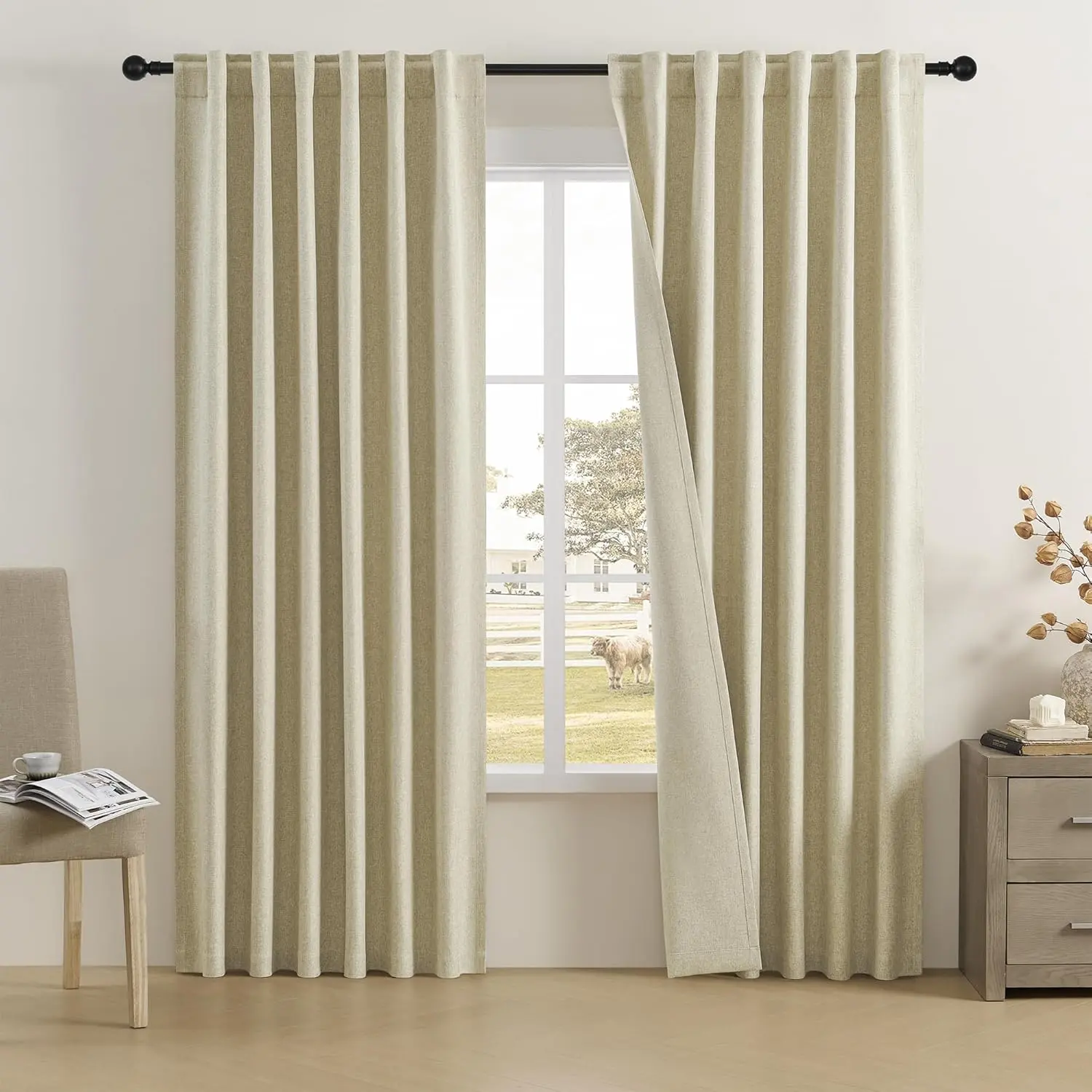 Blackout Curtains 90 Inch Long 2 Panels Set Back Tab Loop Rod Pleated Thermal Room Darkening Curtains for Living Room 50 x 90 Inch Chartreuse Oatmeal