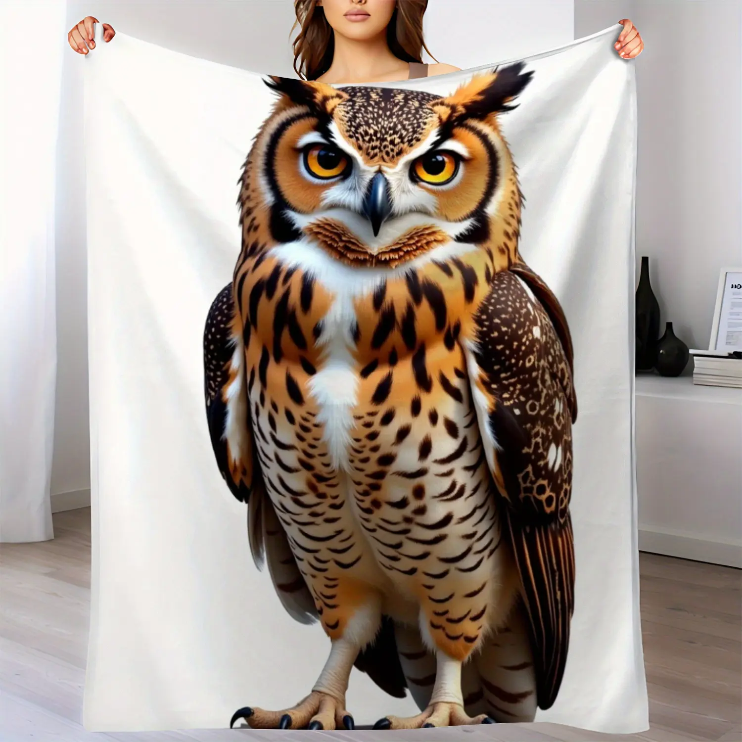 Owl and Spotted Feather Blanket - Thick Flannel Four Seasons Soft Warm Bedspread/Sofa Cover - Brown, Perfect Gift for Nature Lovers, Home Decor - Machine Washable Flannel Fabric, Modern Design, Fine Pattern