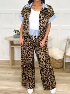 Contrasting Opinions High-Rise Wide Leg Leopard Print Avery Mae Set - True to Size, Lightweight, Minimal Stretch, Elastic Waistband, 100% Polyester, Playful Two-Piece Outfit