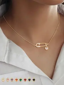 Women's Stainless Steel Chain Necklace, Elegant Pin Colorful Heart Design, All-Seasons Jewelry Accessory