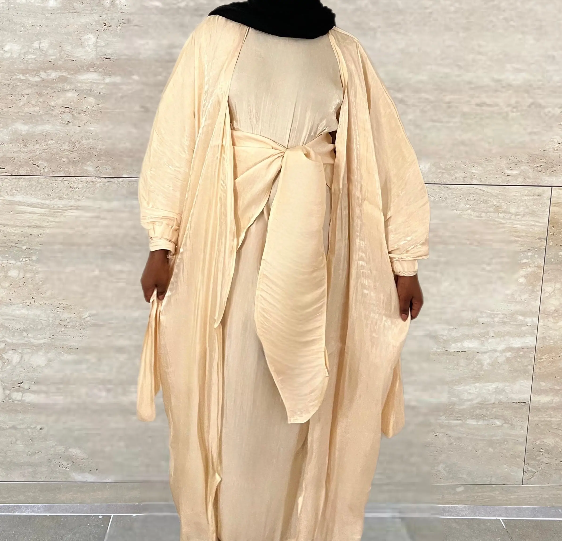 Marwa 3 piece Organza Abaya Set- Beige
