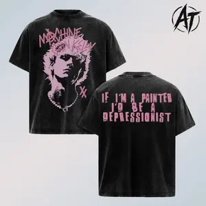 MGK Depressionist Vintage Acid Washed Oversized Graphic Tee, MGK Pop Punk Rap Rock Streetwear Shirt, Portrait Front Print Sad Lyric Back Design, Y2K Grunge Aesthetic Heavyweight Cotton Double Sided Unisex T Shirt, Faded Wash Music Merch Gift for Fans