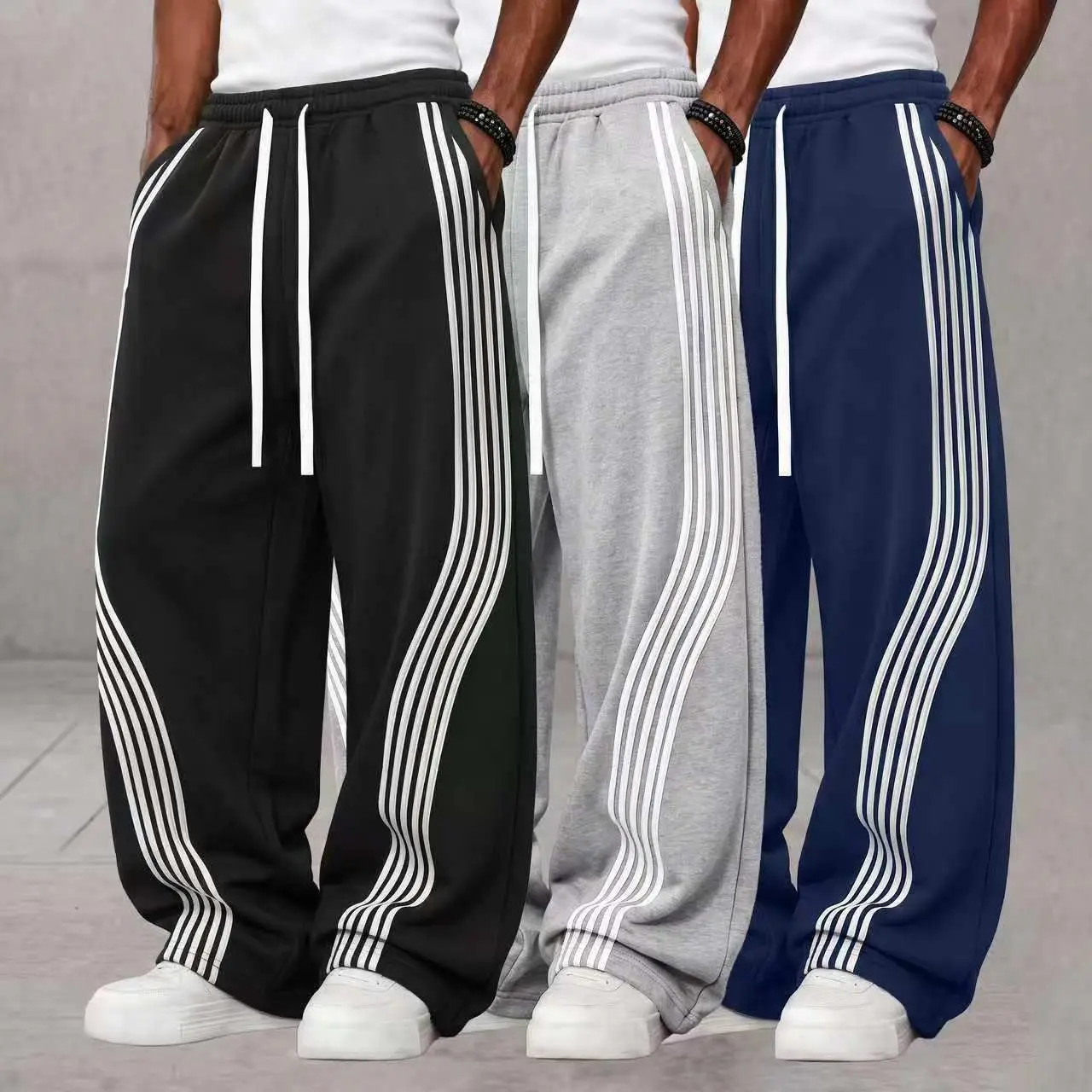 Men’s wide-leg sweatpants—casual, stylish printed soft wide-leg joggers; men’s wear, loose fit, unisex, ultra-soft and breathable, drawstring waist design, suitable for running and fitness training.