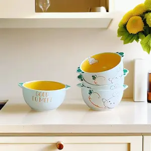 Adorable Rabbit Pattern Soup Bowl Set, 4-Piece Ceramic Tableware, Dishwasher Safe, Modern Elegant Design, Perfect for Home Use