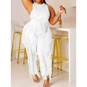 Elegant Women's Two-Piece Set - Solid Color Tassel Top & High-Waist Pants, Stretchy Polyester Blend, Machine Washable, NH40912 - Fabric rave outfits