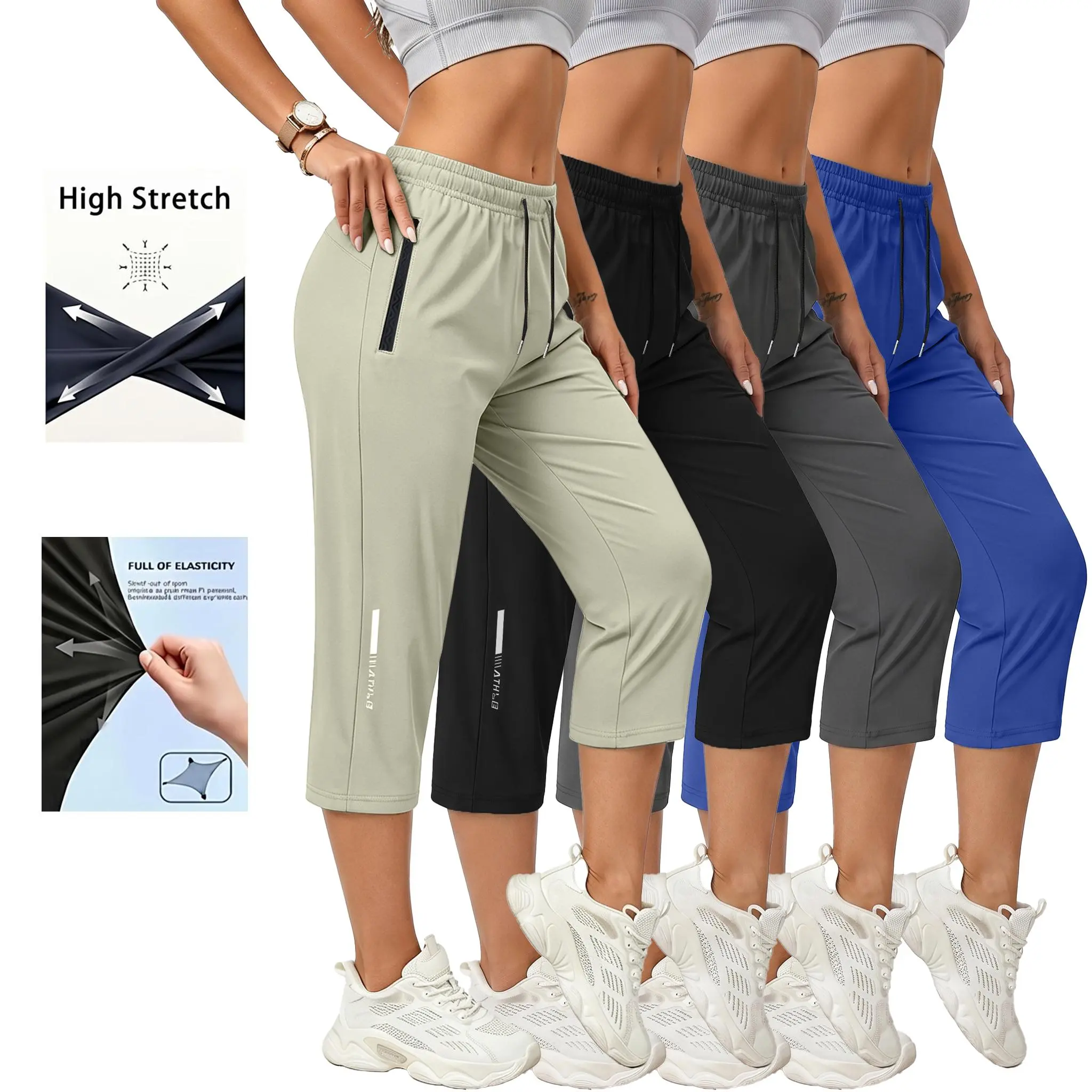 Women's 4-Pack Athletic Shorts, Summer Lightweight Quick-Dry Breathable Clothes for Women, Sporty Chic Active Wear with Side Zipper Pockets, Drawstring Waist, Suitable for Fitness, Casual Use