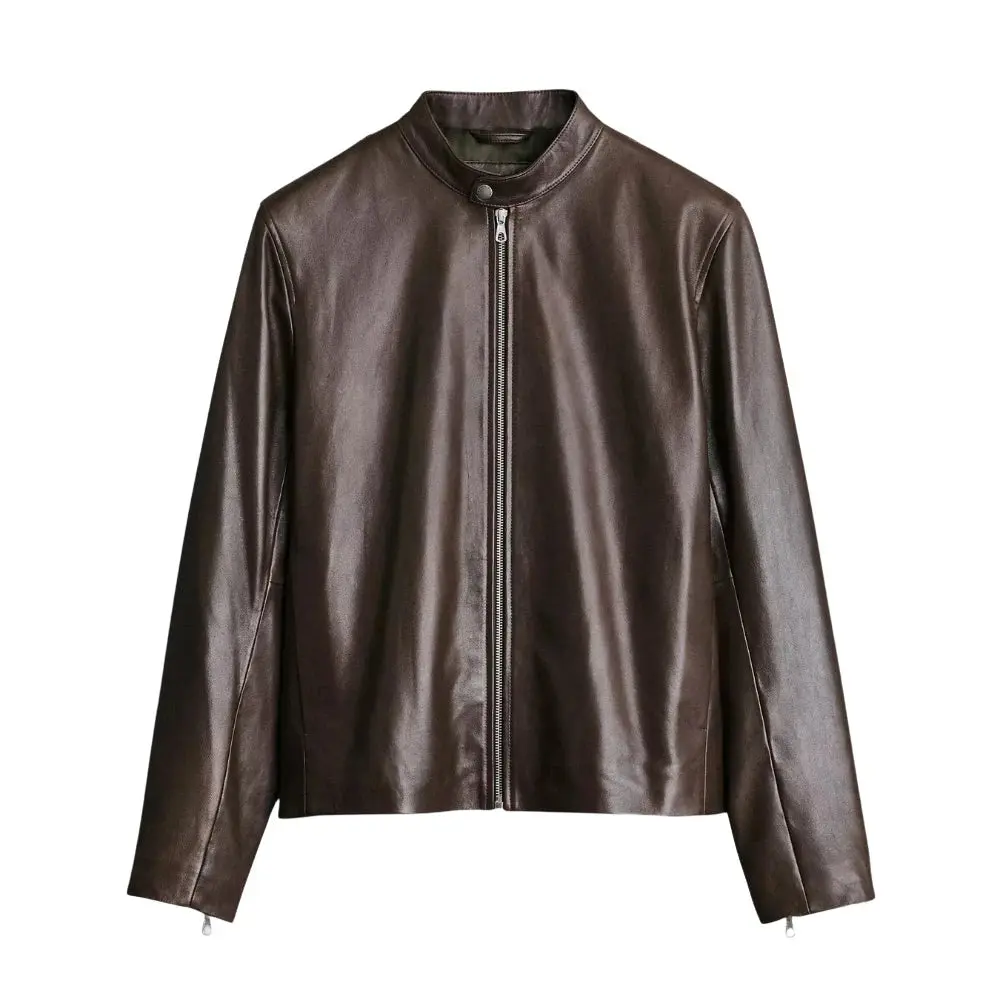 Men's Light Coffee Cafe Racer Leather Jacket