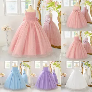 7-12Y Dark Pink 6025 Kids Clothes Flower Girls Princess Long Ball Gown Sling Sequins Bow Mesh Ball Gown Frock Children Formal Evening Party Banquet Pageant Prom Host Cocktail Dress