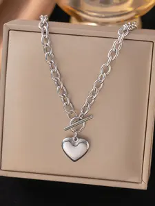 Women's Stainless Steel Heart Pendant Necklace, Elegant Ot Clasp Design, All-Season Jewelry Gift, Simple & Versatile Style, Minimalist Necklaces