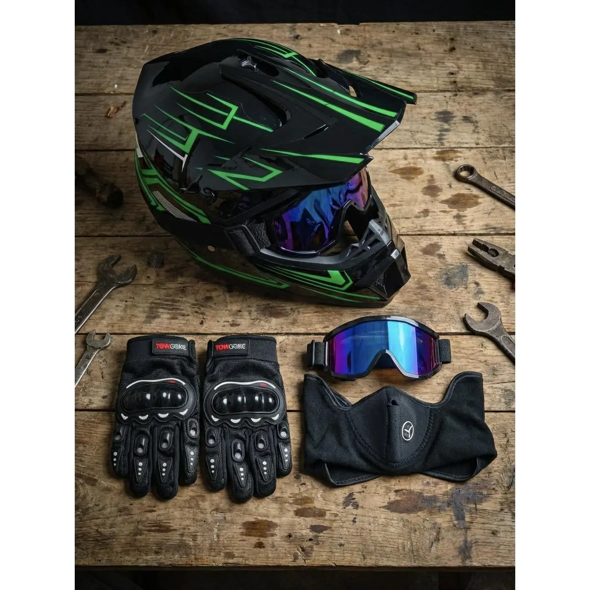 DOT Certified Adult Off-Road Electric Bike Helmet - Green & Black Striped Full Face Tactical Motorcycle Helmet with Goggles, Windproof Breathable Racing Helmet Kit, Adjustable Safety Helmet with Gloves & Face Mask for Motocross & ATV Protective Gear