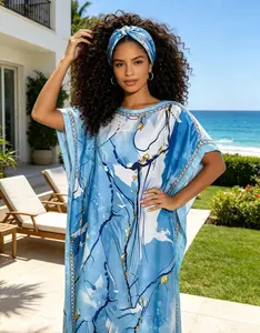 2026 New Women's 2 Piece Multicolor Geometric Print Kaftan Maxi Dress with Matching Scarf, Silky Loose Satin Robe, Plus Size Friendly, Beach Cover Up, Casual Wear, Resort Vacation & Evening Pa  Silky rty Wear,  # moo moo and scarf  head wrap   outdoor sum