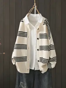Spring & Fall Women's Plus Size Round Neck Open Front Knit Sweater Fit, Colorblock Striped Design, Casual Fashion Pullover