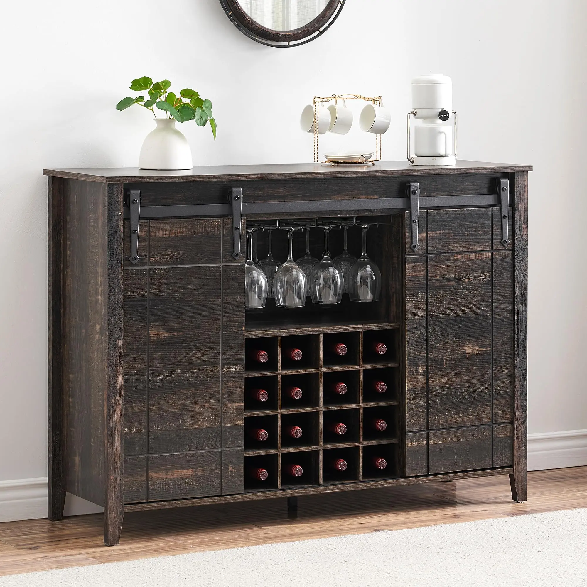 【GARVEE】Farmhouse Buffet Cabinet with Sliding Barn Door, Rustic Sideboard with Removable Wine Rack and Adjustable Shelf, Ideal for Dining Room and Kitchen in Rustic Oak Finish