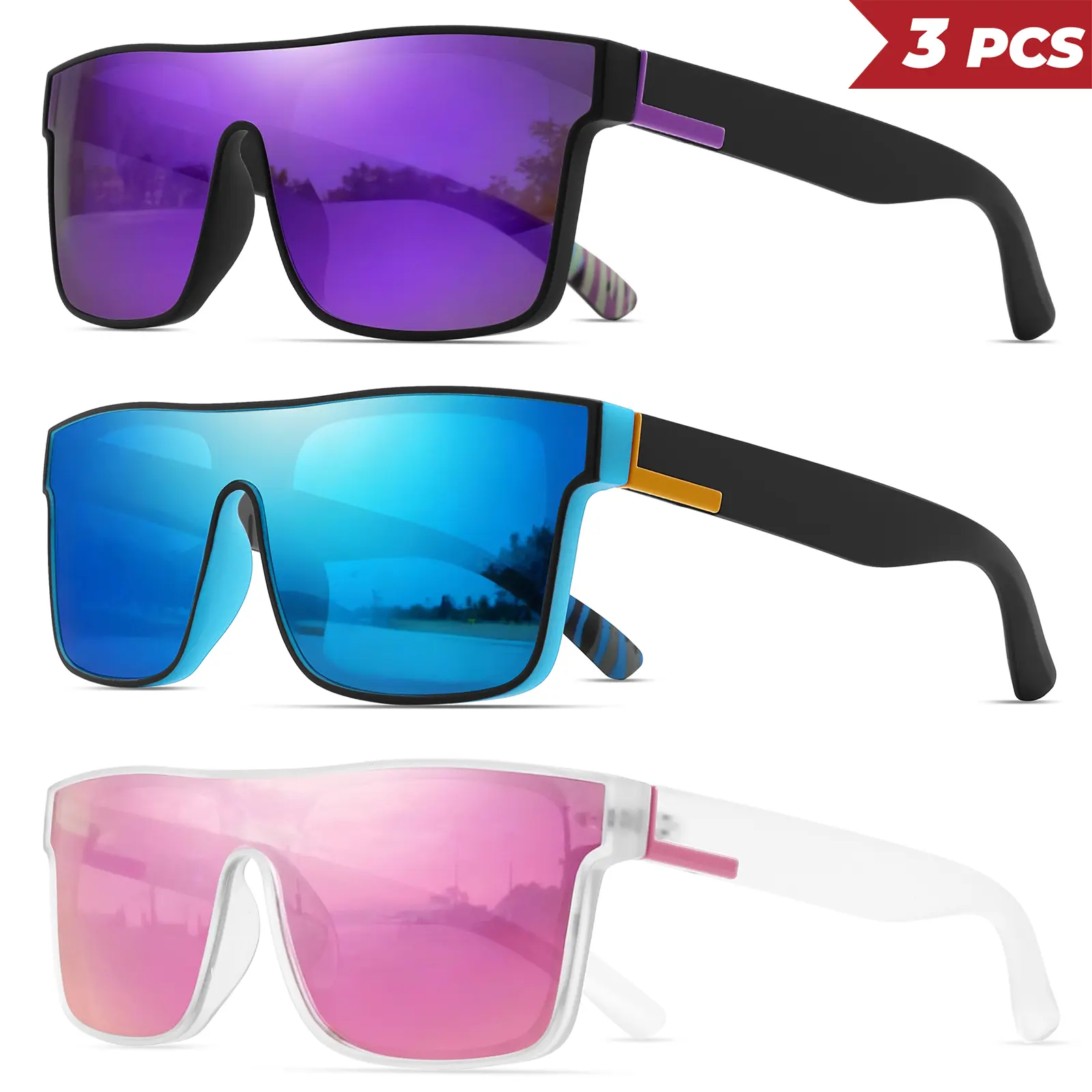 Men's Sunglasses 3-Pack, Classic Fashion Square Frame, UV400 Protection, Anti-Glare 1-Piece Lens Unisex Eyewear for Cycling, Daily Wear