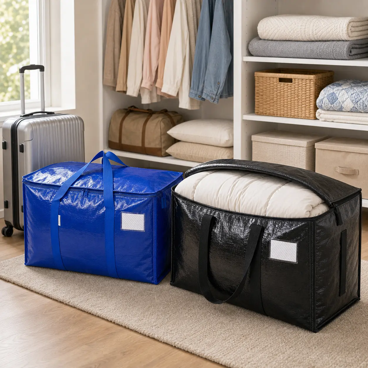 6 Pack Extra Large Heavy Duty Moving Bags with Zippers, Reinforced Carry Handles and Clear Label Pocket, Foldable Storage Totes for Clothes, Bedding, Towels, Shoes, Laundry and Dorm Essentials, Water-Resistant Moving Box Alternative, Apartment Moving
