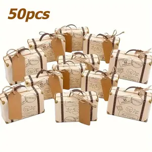 50 pack, party gift candy box, world map mini suitcase gift box, vintage kraft paper with label and hemp rope, suitable for travel themed parties, bridal parties, wedding decorations, birthday parties, Christmas anniversary parties, holiday gift parties