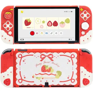 X-PCS13  Protective Case for Switch OLED Slim Cover Case Compatible with Switch OLED Separable Soft Silicone Protective Shell for Joy Con with 2 Thumb Grip Caps - Strawberries with Cream