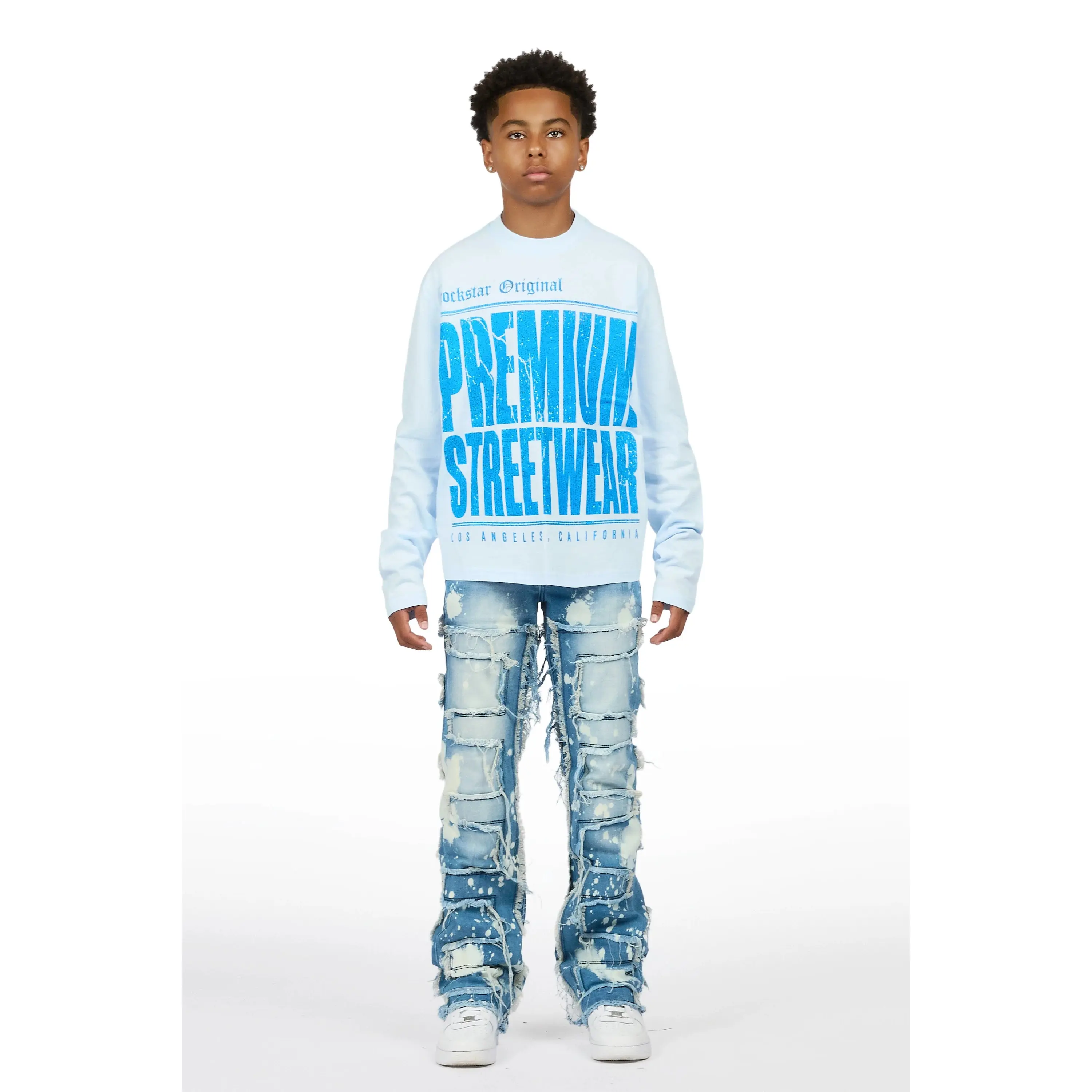Boys Pluto Light Blue/Blue Long Sleeve T-Shirt Stacked Jean Set