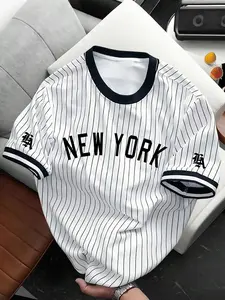 Y2K Men's Summer Street Style Striped Baseball Shirt, Athletic Tops, Vintage New York Letter Number 25 Print Round Neck Short Sleeve
