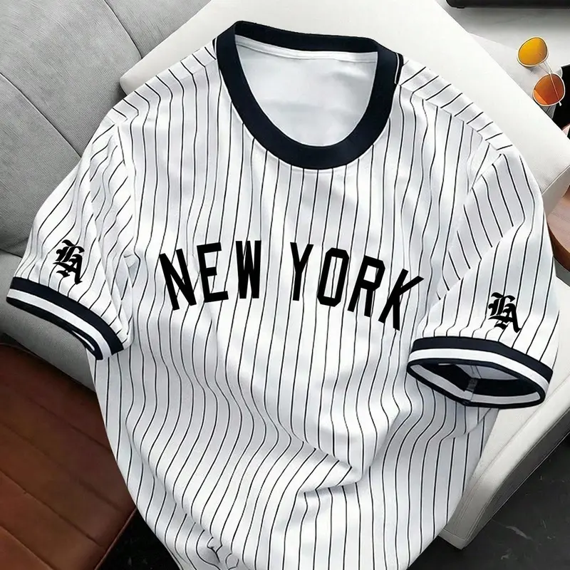 Y2K Men's Summer Street Style Striped Baseball Shirt, Athletic Tops, Casual Sports Top, Casual Sporty Top, Vintage New York Letter Number 25 Print Round Neck Short Sleeve, Sports Clothing