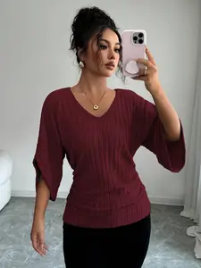 Women's Casual V-Neck Batwing Sleeve T-Shirt, Comfortable Soft Plain Fleece Knit Top, Everyday Wear, Spring & Fall Fashion