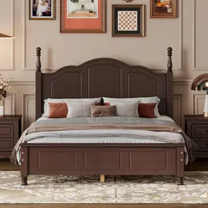 Full Platform Bed Frame with Headboard, Retro Style Wooden Full Size Bed Frame with Slat Support, for Bedroom, No Box Spring Need, Dark Walnut