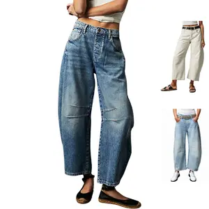 SCUSTY Women's Baggy Jeans Wide Leg Mid Waist Denim Pants Boyfriend Cropped Barrel Jeans with Pockets