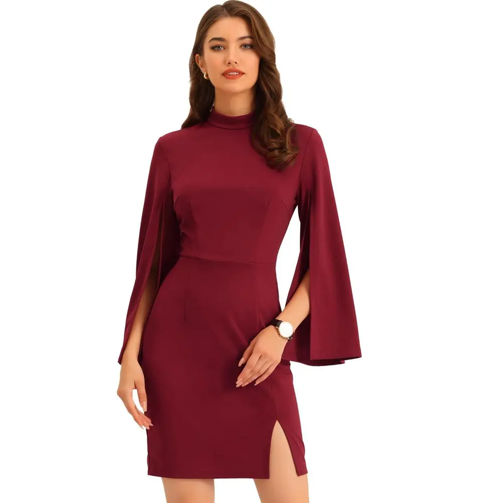 INSPIRE CHIC Women's Business Split Sleeve Slim Fit Mini Bodycon Pencil Dress Red X-Small