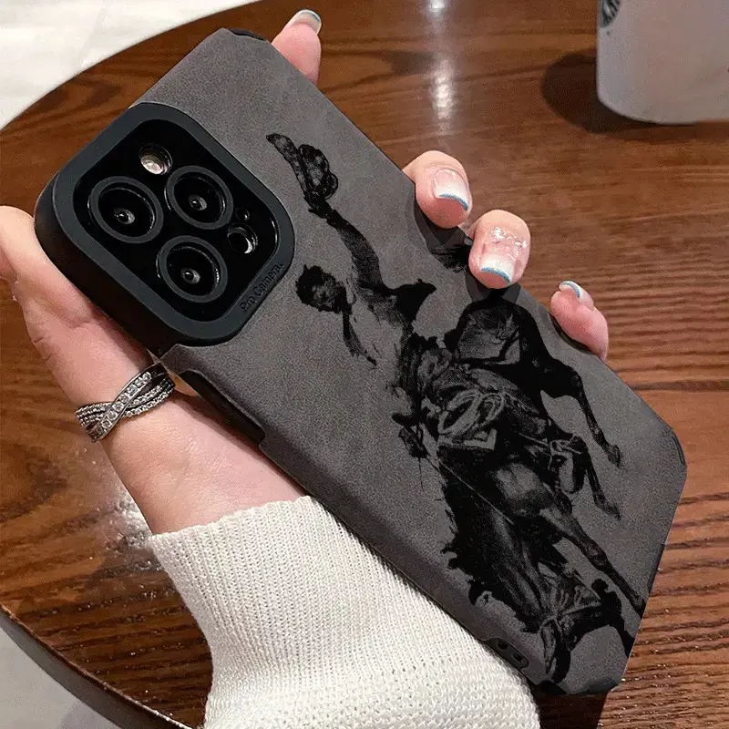 Retro Western Cowboy Riding Pattern Perforated Leather Smartphone Case - Drop-Proof, Non-Slip, Full-Coverage Handheld Casing for iPhone 12-17, 11, X Series Devices - Protection Accessory, Great Gift for Friends/Family, Accessories