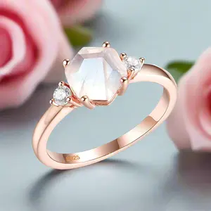 Natural Hexagon Moonstone Engagement Ring