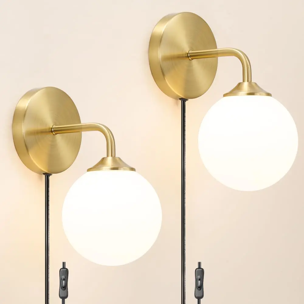 2-Pack Gold Plug-In Wall Sconces, Mid-Century Art Indoor Wall Lighting Fixtures with Plug-In Cord, On/Off Switch, Milky White Globe Glass Lampshades for Bedroom, Living Room