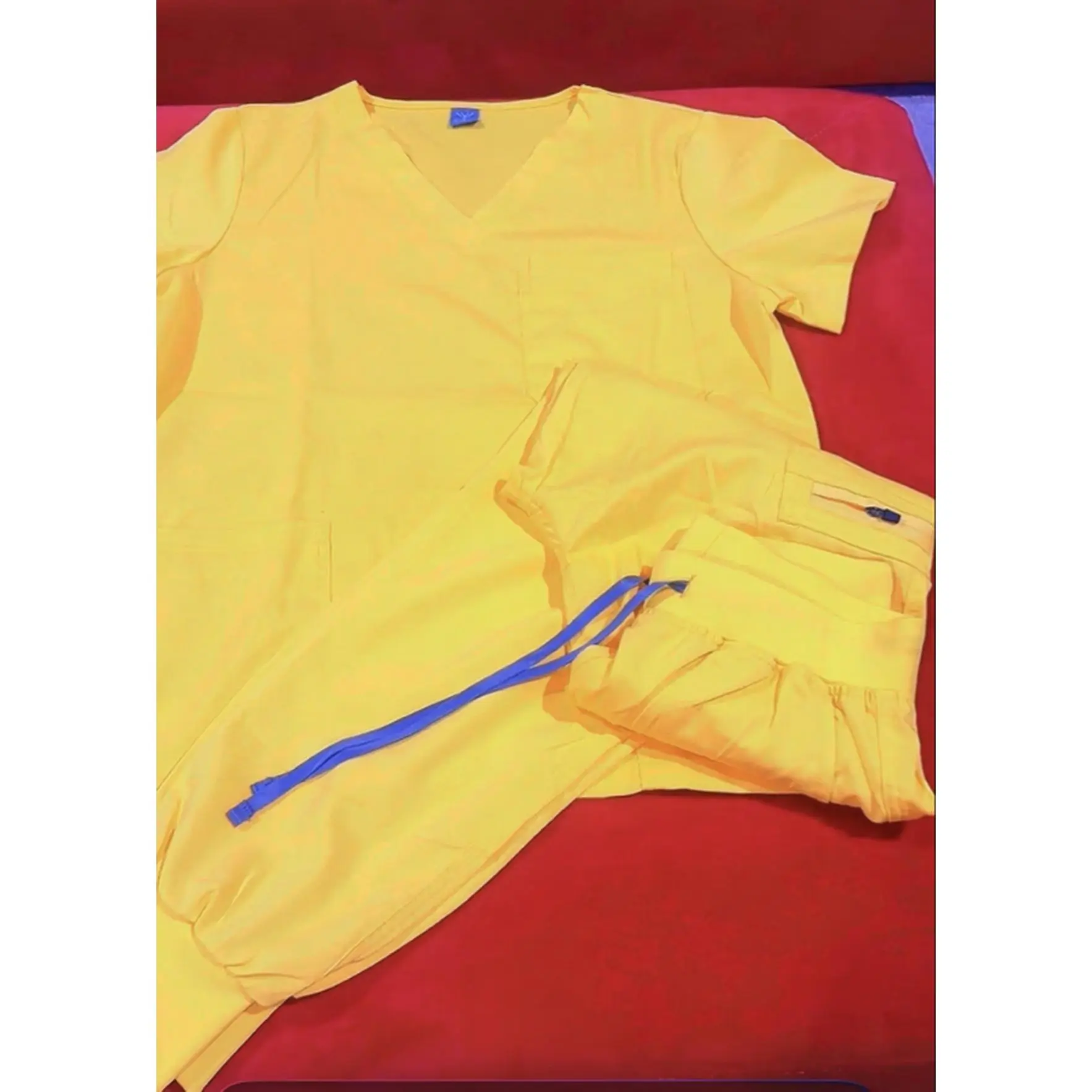 The Scrub Stitch Boutique Unisex Microfiber Jogger Scrub Set for Nurses Doctors & Healthcare Professionals with 4 Pockets Elastic Waistband in Yellow Red Black Royal Blue Mauve Sizes S XL 2X