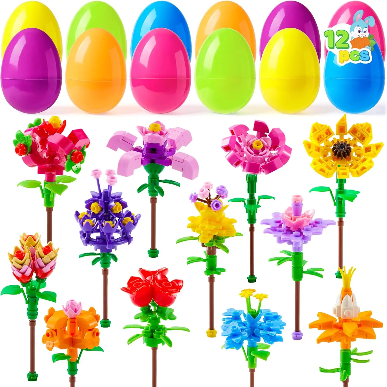 12 Pcs Easter Flower Building Blocks Eggs, Prefilled Plastic Easter Eggs with Building Brick Blocks for Basket Stuffers Toys, Egg Hunt for Boys Girls, Party Favors