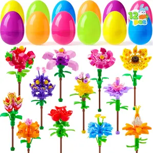 Mothers Day Gifts 12 Pcs Easter Flower Building Blocks Eggs, Prefilled Plastic Easter Eggs with Building Brick Blocks for Basket Stuffers Toys, Egg Hunt for Boys Girls, Party Favors